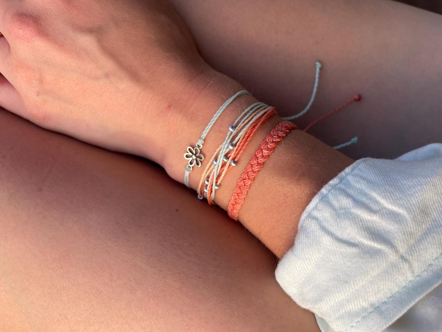 Beachy String Bracelet Set Flower Charm Bracelet Stack Beachside Jewelry for Girls Gift Idea for Teen Grandaughter Handmade Coastal Bracelet
