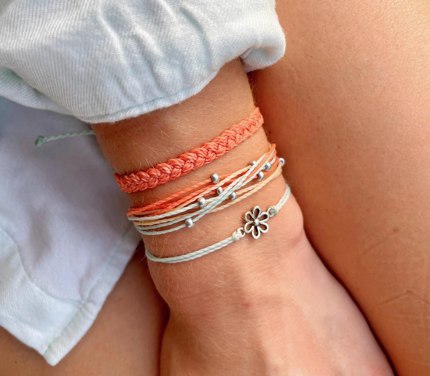 Beachy String Bracelet Set Flower Charm Bracelet Stack Beachside Jewelry for Girls Gift Idea for Teen Grandaughter Handmade Coastal Bracelet
