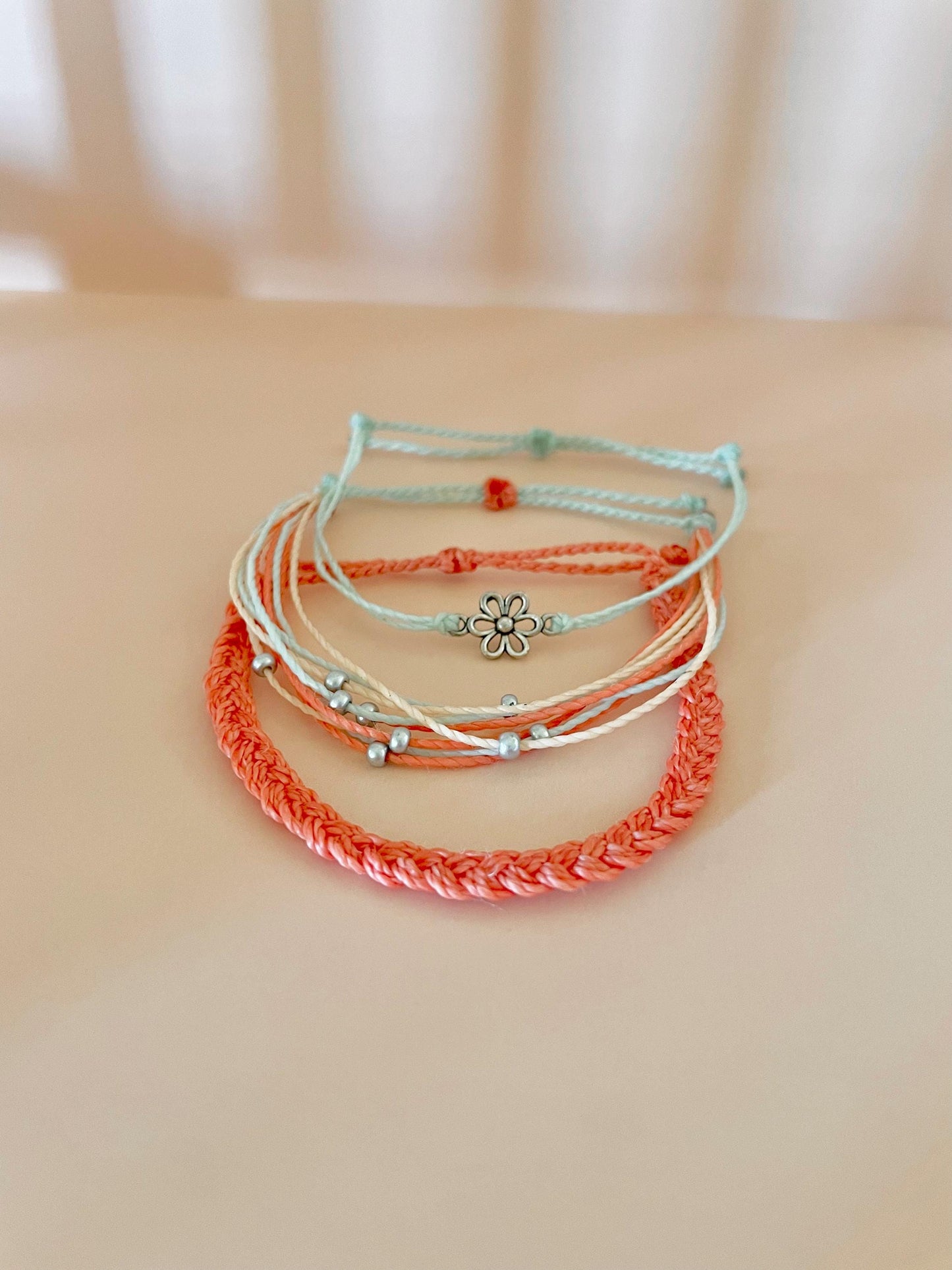 Beachy String Bracelet Set Flower Charm Bracelet Stack Beachside Jewelry for Girls Gift Idea for Teen Grandaughter Handmade Coastal Bracelet