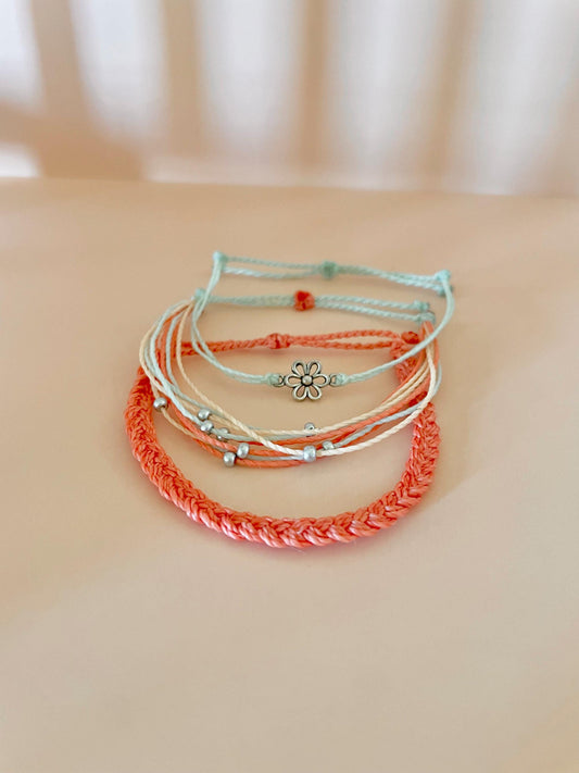 Beachy String Bracelet Set Flower Charm Bracelet Stack Beachside Jewelry for Girls Gift Idea for Teen Grandaughter Handmade Coastal Bracelet