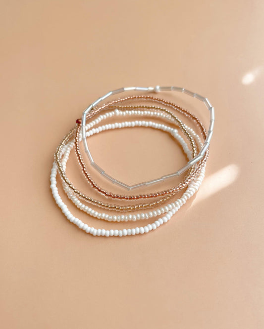 Neutral Dainty Beaded Bracelet Stack Minimalist Style Beaded Stretch Bracelet Set Everyday Wear Stacking Jewelry