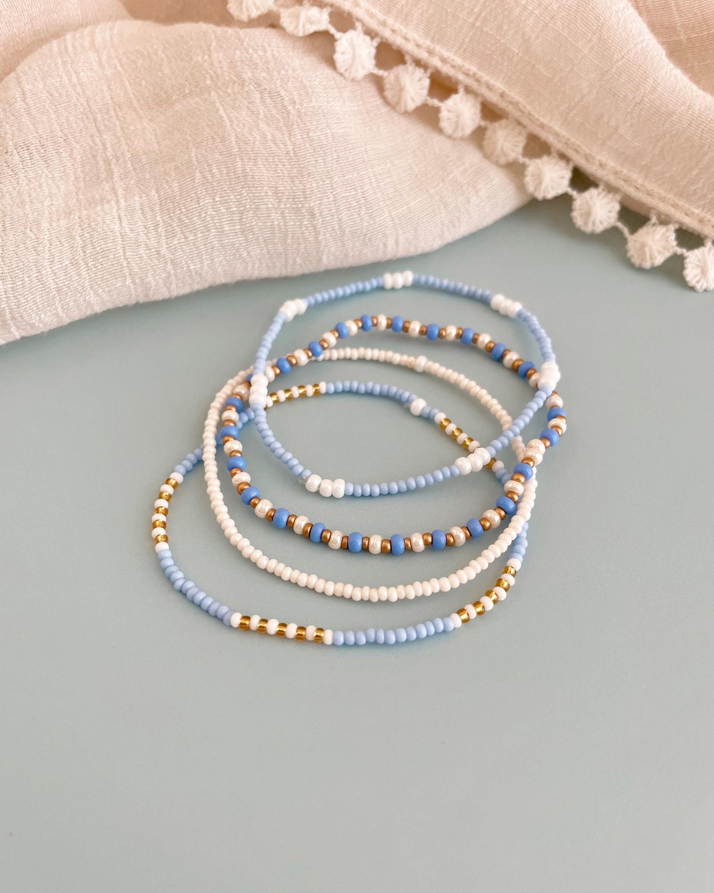 Beaded Stretch Bracelet Set Light Blue Stackable Beaded Bracelet Dainty Jewelry Coastal