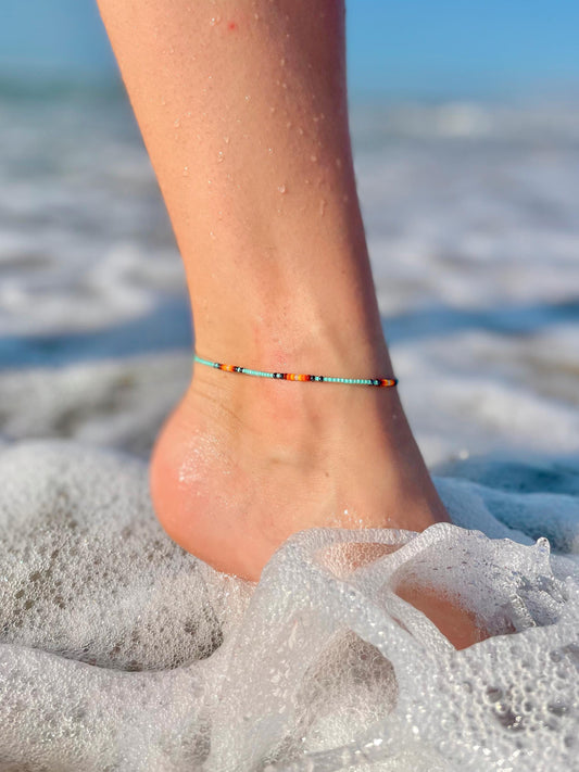 Beaded Anklet for Summer Beach Accessory for Festival Boho Style Beach Jewelry Minimalist Beach Wear Light Blue Bead Ankle Bracelet Handmade