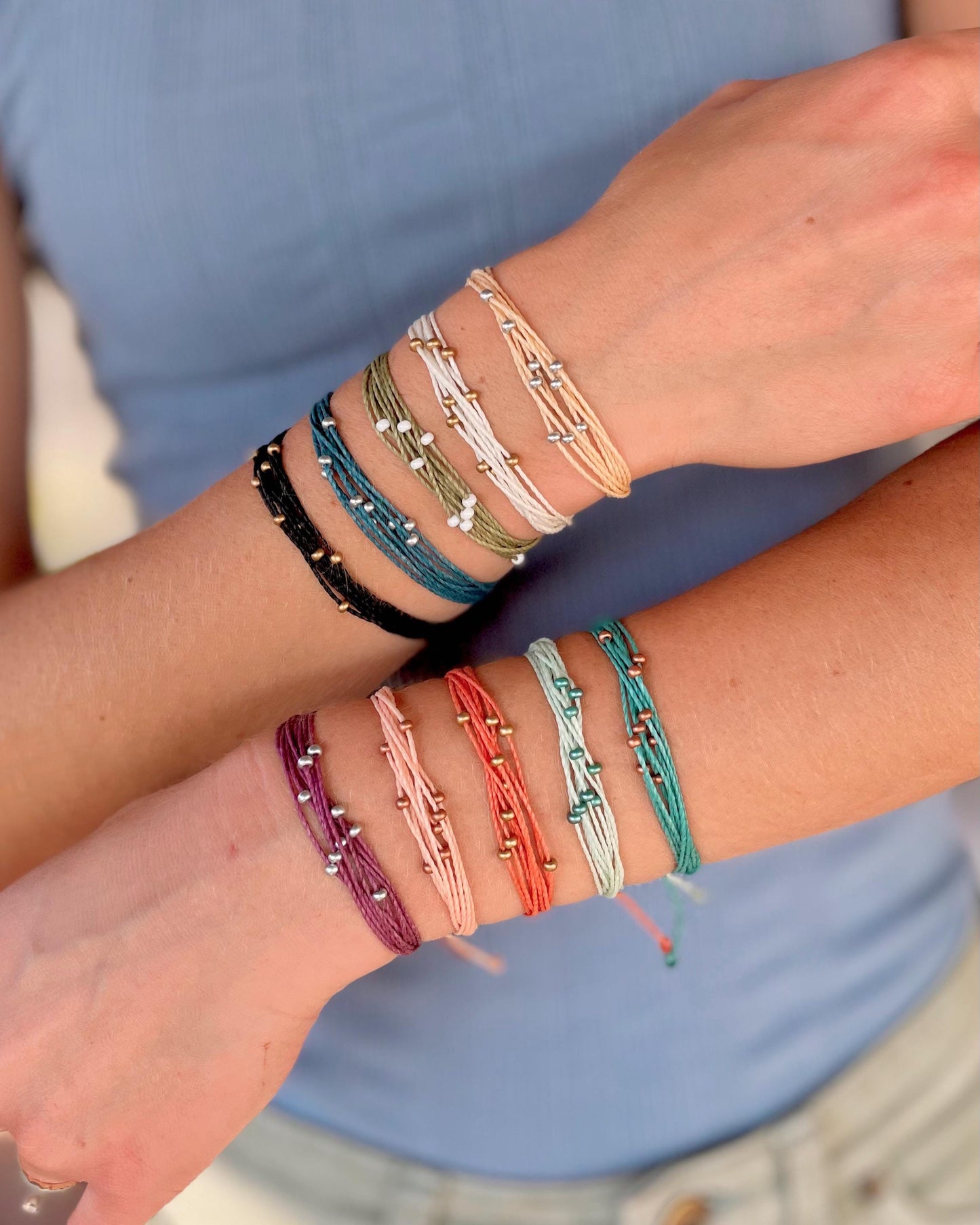 Surfer Style String Bracelet with Beads Beachy Boho Cord Adjustable Pull String Bracelet