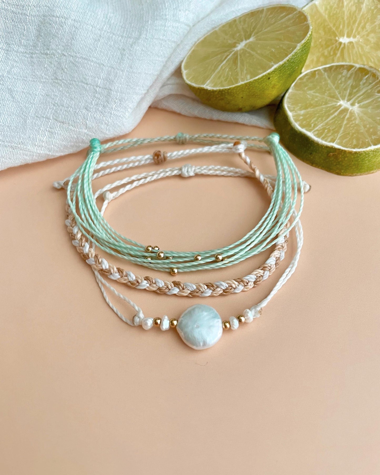 Freshwater Pearl Adjustable Cord Bracelet Set Dainty Jewelry Beach Lover Gift Idea for Friend Bracelet Stack Beachy Boho Jewelry for Travel