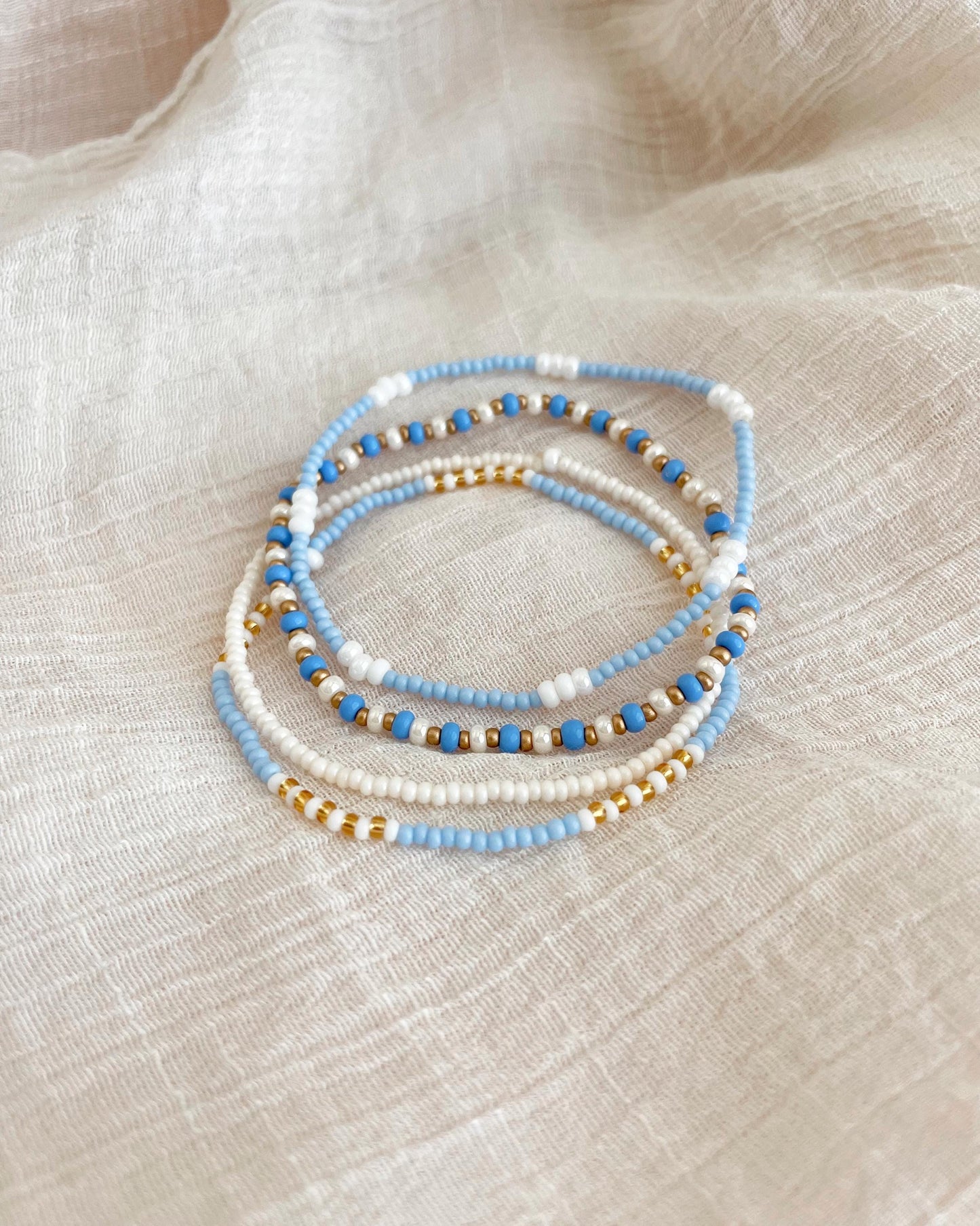 Beaded Stretch Bracelet Set Light Blue Stackable Beaded Bracelet Dainty Jewelry Coastal