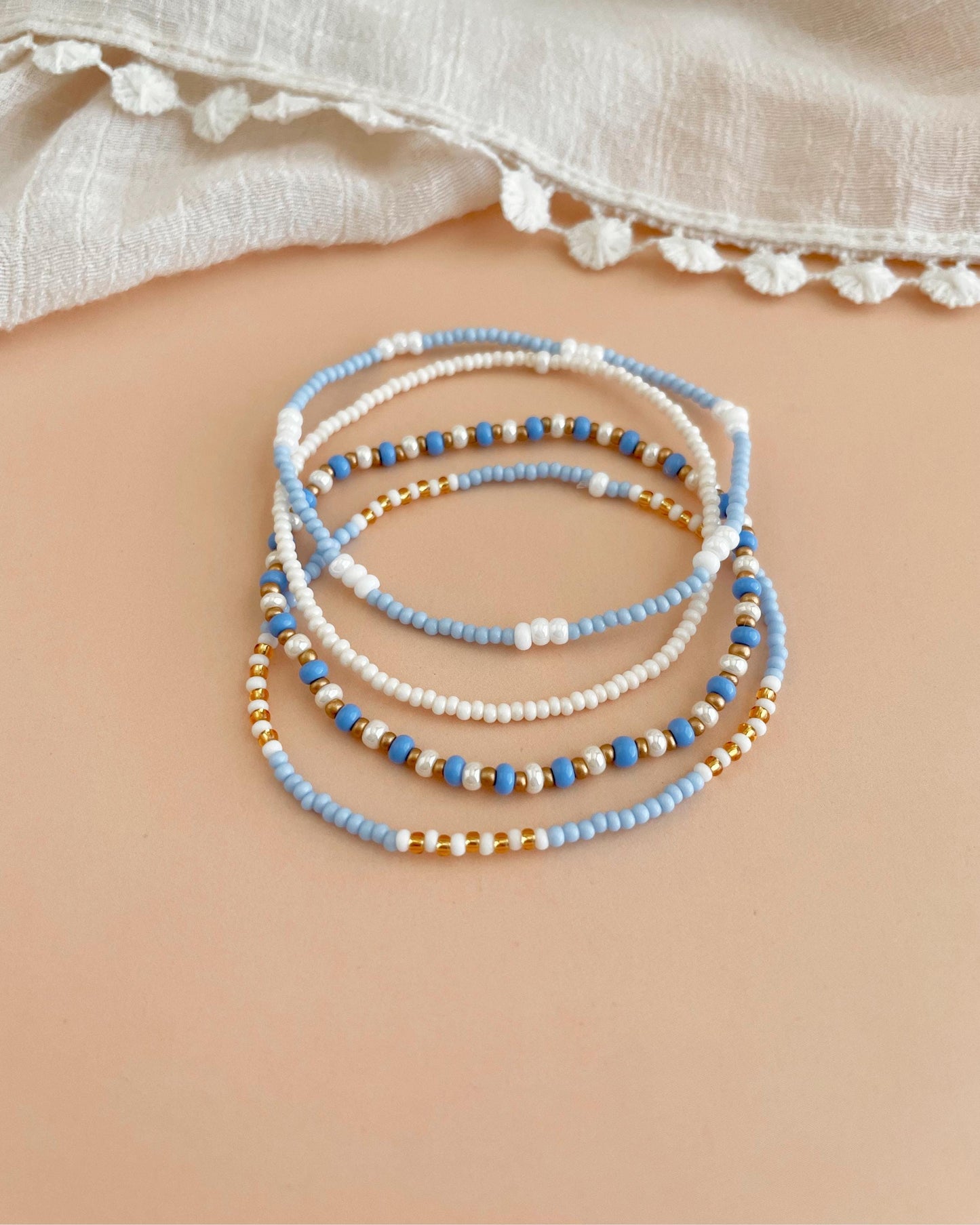 Beaded Stretch Bracelet Set Light Blue Stackable Beaded Bracelet Dainty Jewelry Coastal