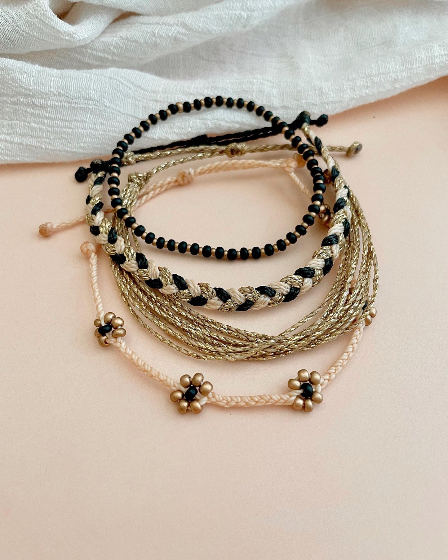 Black and Gold Bracelet Stack of Braided Bracelets for Women Floral Bracelet Adjustable Set of Gold Bracelets Friendship Jewelry Boho Set