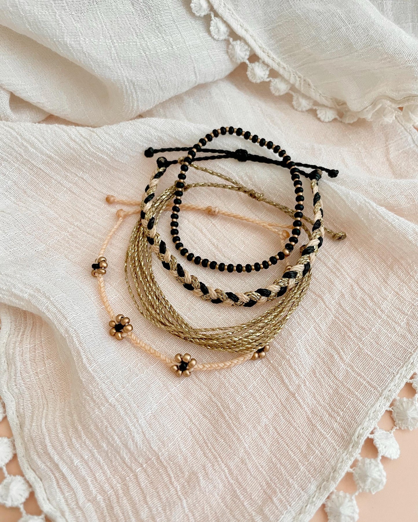 Black and Gold Bracelet Stack of Braided Bracelets for Women Floral Bracelet Adjustable Set of Gold Bracelets Friendship Jewelry Boho Set