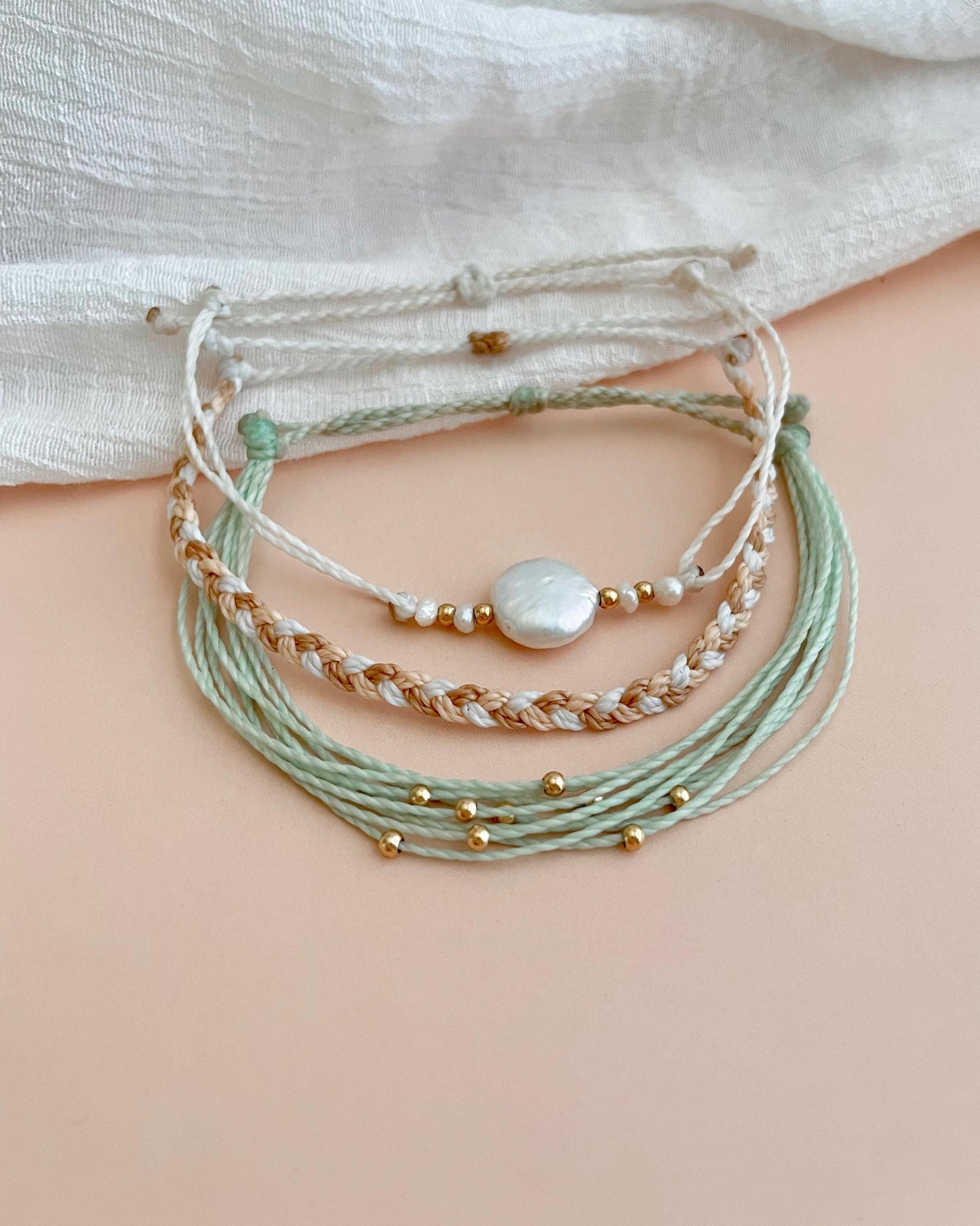 Freshwater Pearl Adjustable Cord Bracelet Set Dainty Jewelry Beach Lover Gift Idea for Friend Bracelet Stack Beachy Boho Jewelry for Travel