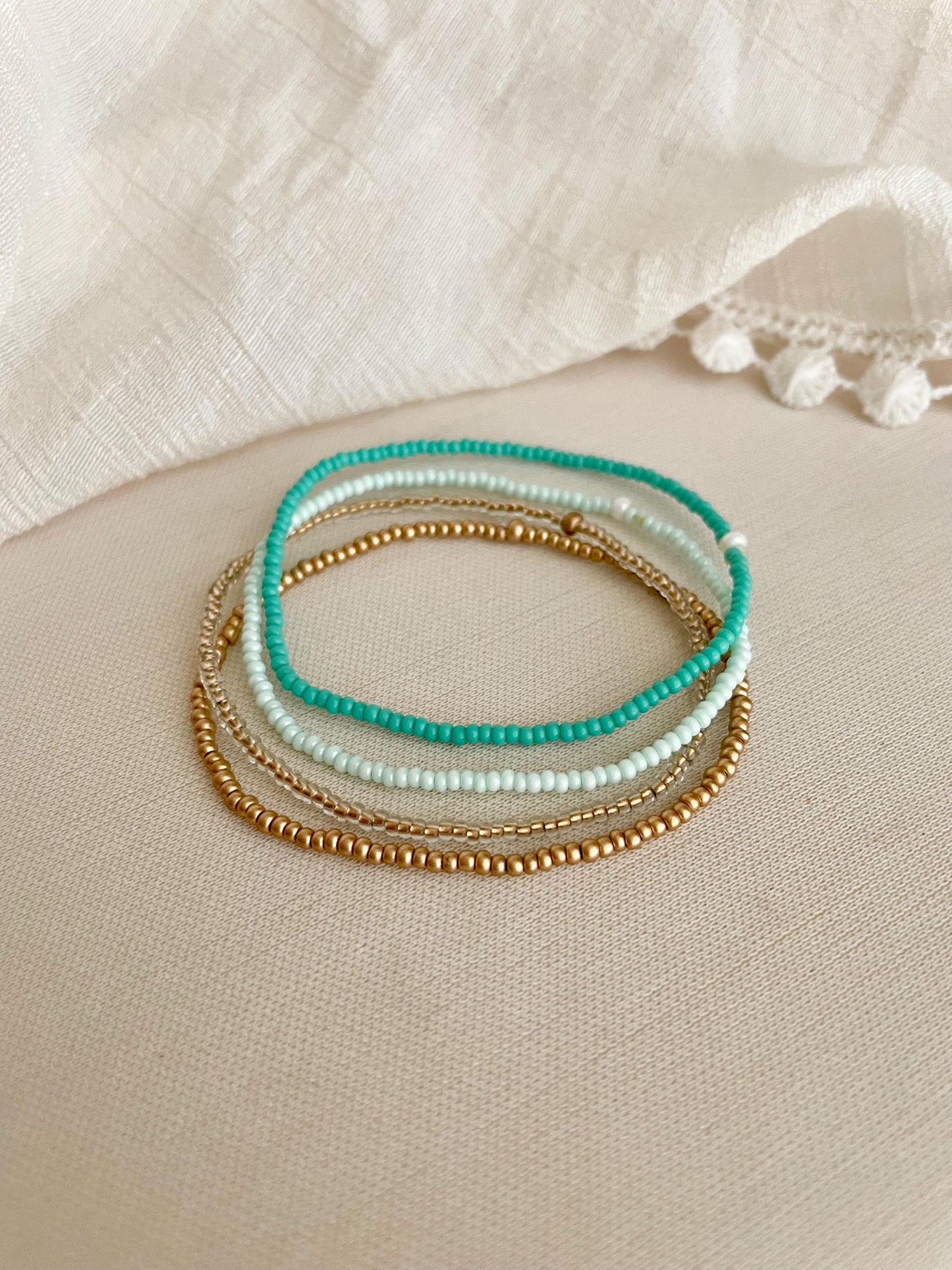 Blue Seed Bead Bracelet Stretch Bracelet Set Tiny Bead Bracelet Coastal Jewelry Gift Idea for Ocean Lover Gold and Aqua Bracelet Stack Beach