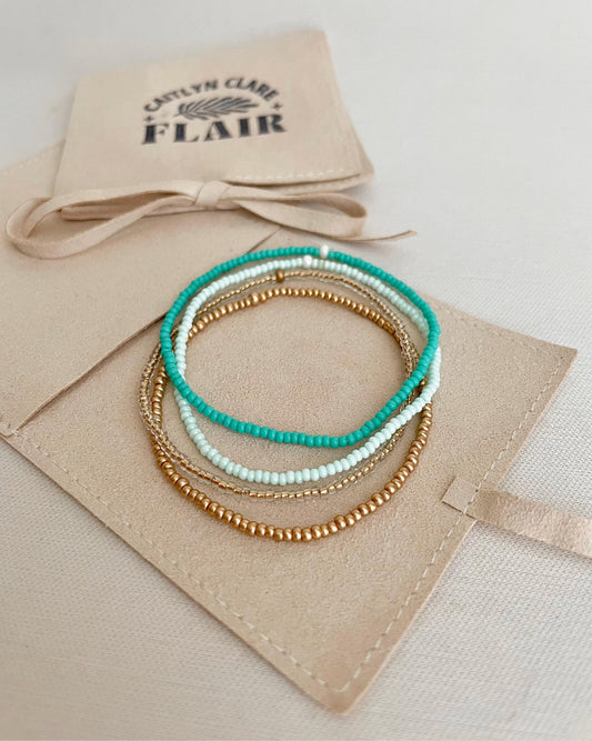 Blue Seed Bead Bracelet Stretch Bracelet Set Tiny Bead Bracelet Coastal Jewelry Gift Idea for Ocean Lover Gold and Aqua Bracelet Stack Beach