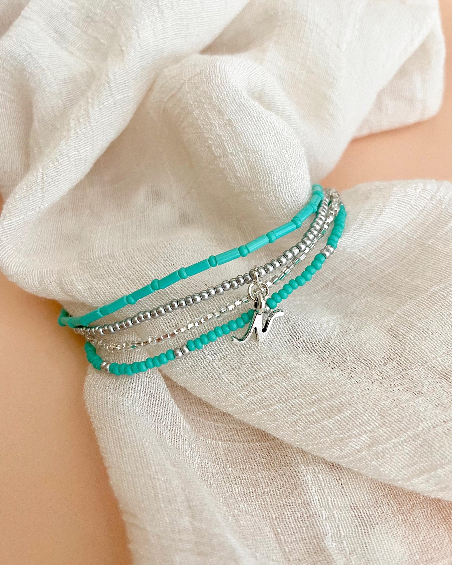 Turquoise Blue Beaded Bracelet Set Personalized Initial Bracelet Seed Bead Stretch Bracelet Stack Birthday Gift Idea for Teen Girl Jewelry