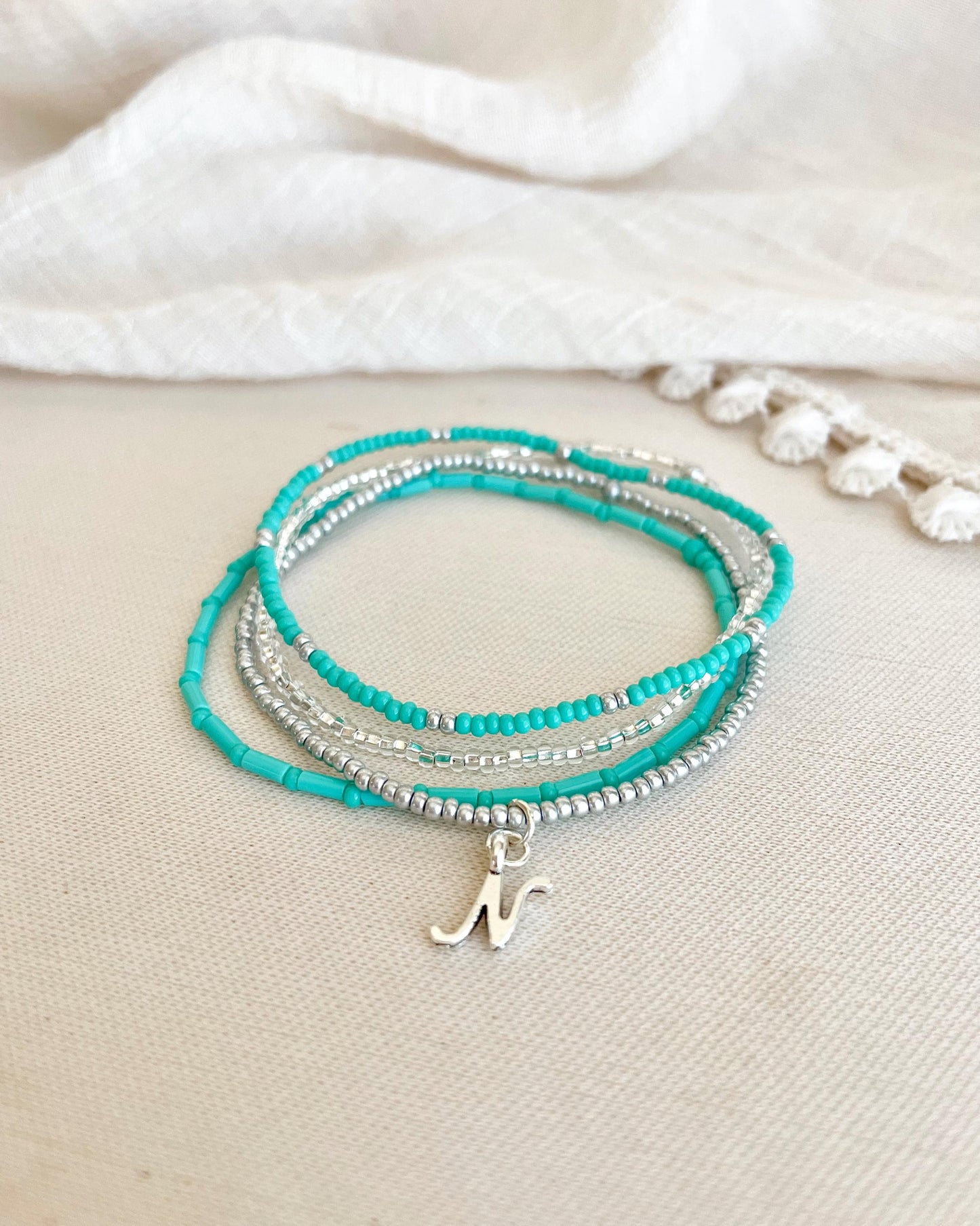 Turquoise Blue Beaded Bracelet Set Personalized Initial Bracelet Seed Bead Stretch Bracelet Stack Birthday Gift Idea for Teen Girl Jewelry