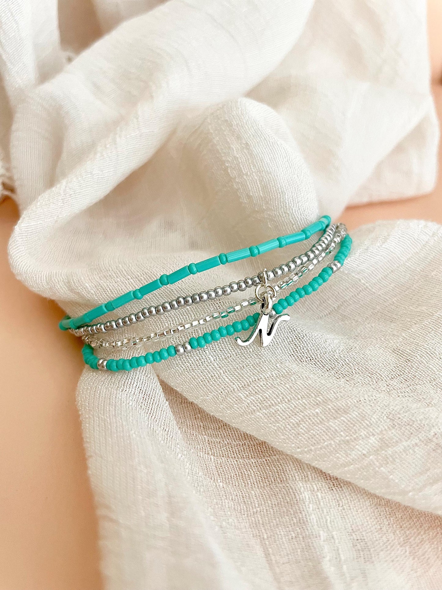 Turquoise Blue Beaded Bracelet Set Personalized Initial Bracelet Seed Bead Stretch Bracelet Stack Birthday Gift Idea for Teen Girl Jewelry