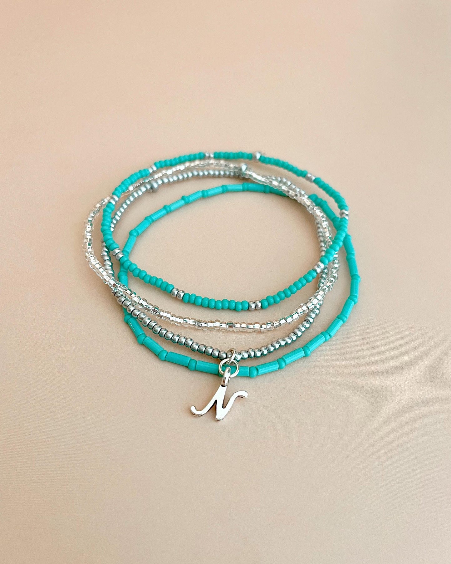 Turquoise Blue Beaded Bracelet Set Personalized Initial Bracelet Seed Bead Stretch Bracelet Stack Birthday Gift Idea for Teen Girl Jewelry