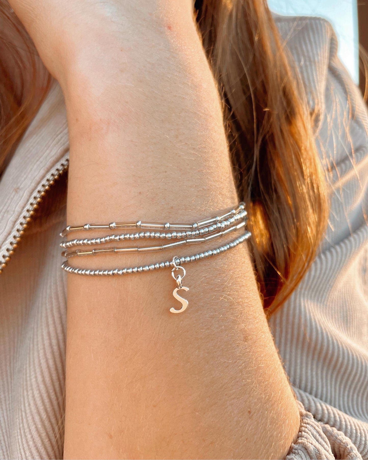 Silver Initial Bracelet Stack Dainty Beaded Stretch Bracelet Personalized Gift Idea for Bridesmaid Custom Jewelry Set Layering Bracelet Gift