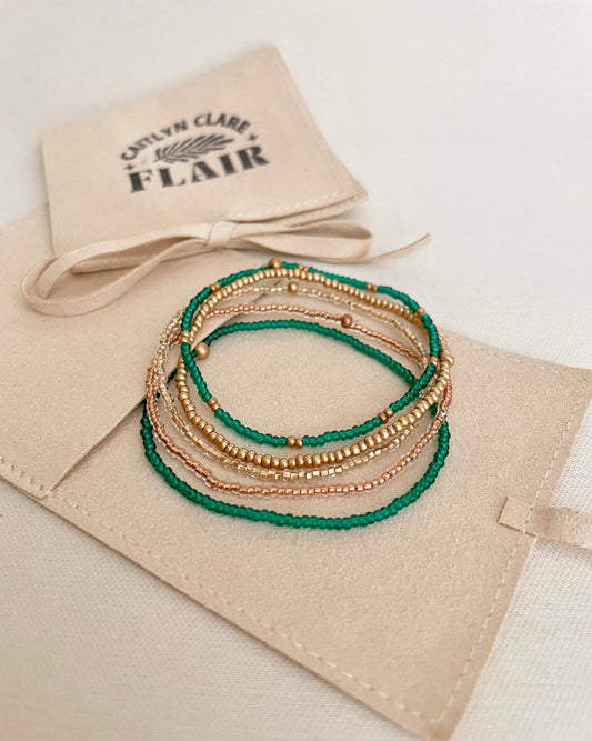 Seed Bead Bracelet Set Dainty Green and Gold Stretch Bracelet Stackable Women Custom Size Bracelet Petite Layering Bracelet Gift Elegant Set