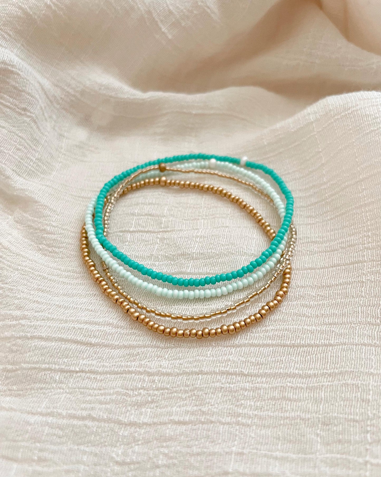 Blue Seed Bead Bracelet Stretch Bracelet Set Tiny Bead Bracelet Coastal Jewelry Gift Idea for Ocean Lover Gold and Aqua Bracelet Stack Beach