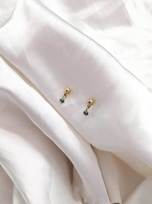 Drop Stud Earrings 18k Gold Earrings Dainty Minimalist Jewelry Stud Post Drop Earrings Gold Tiny Dangle Earrings Small Gold Earrings Green