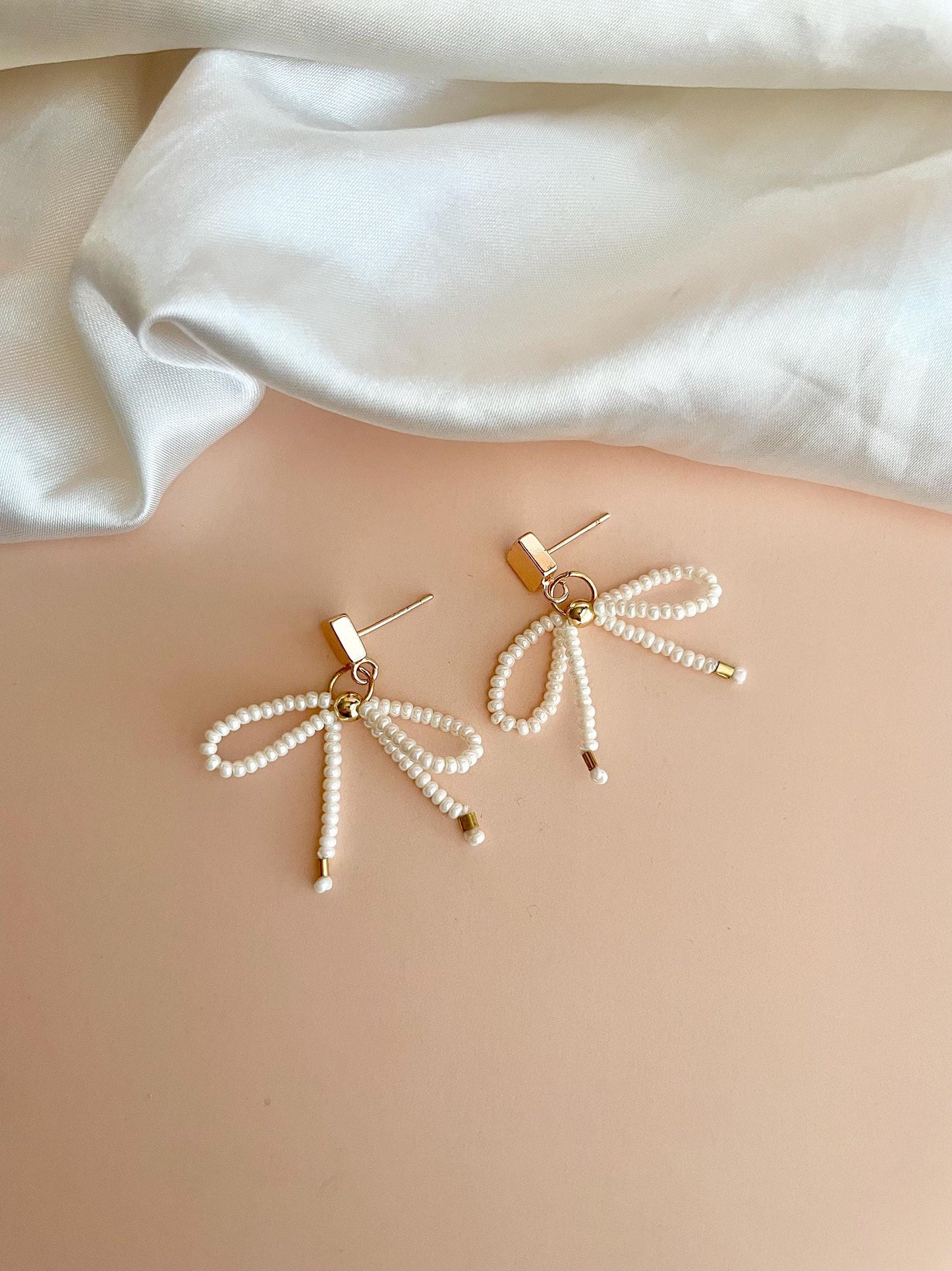 Beaded Bow Earrings 18k Gold Filled Dangle Earrings Minimalist Jewelry Christmas Gift Idea for Daughter Dangle Bow Earrings Tiny Pearl