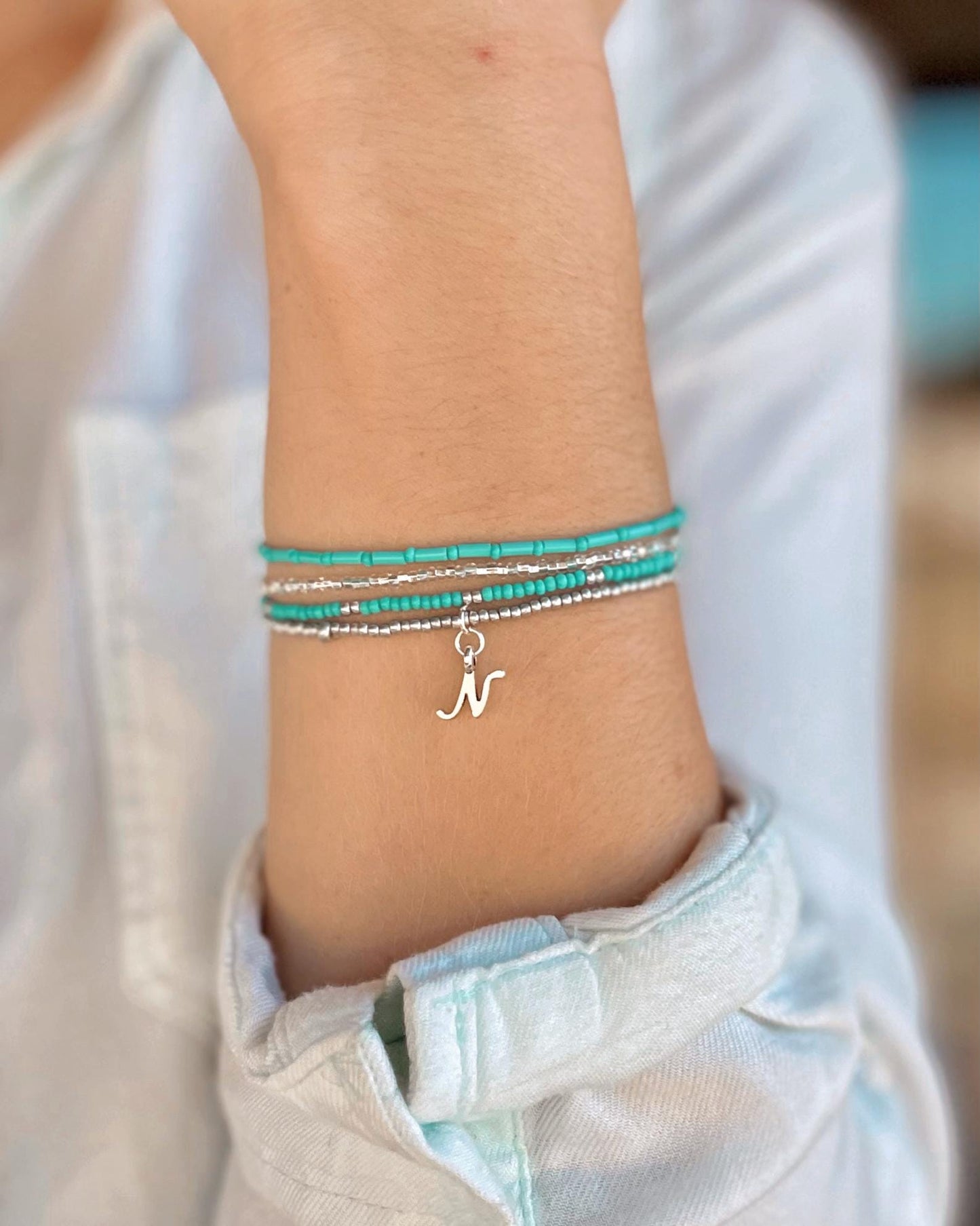 Turquoise Blue Beaded Bracelet Set Personalized Initial Bracelet Seed Bead Stretch Bracelet Stack Birthday Gift Idea for Teen Girl Jewelry