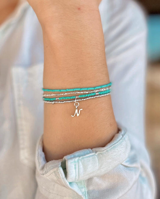 Turquoise Blue Beaded Bracelet Set Personalized Initial Bracelet Seed Bead Stretch Bracelet Stack Birthday Gift Idea for Teen Girl Jewelry
