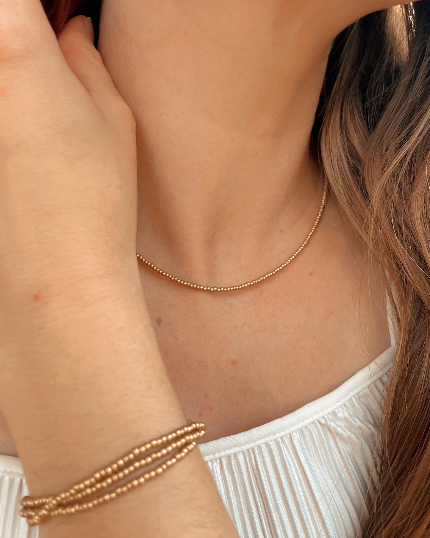 Dainty Gold Beaded Necklace and Bracelet Set Minimalist Bead Jewelry Set Gift Idea for Mom Simple Gold Choker Short Necklace Everyday Wear