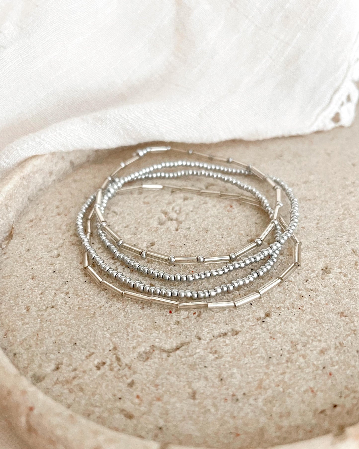 Silver Stretch Bracelet Stack Beaded Elastic Modern Silver Bracelet Layered Classic Bracelet Set Simple Wedding Party Jewelry Silver Thin
