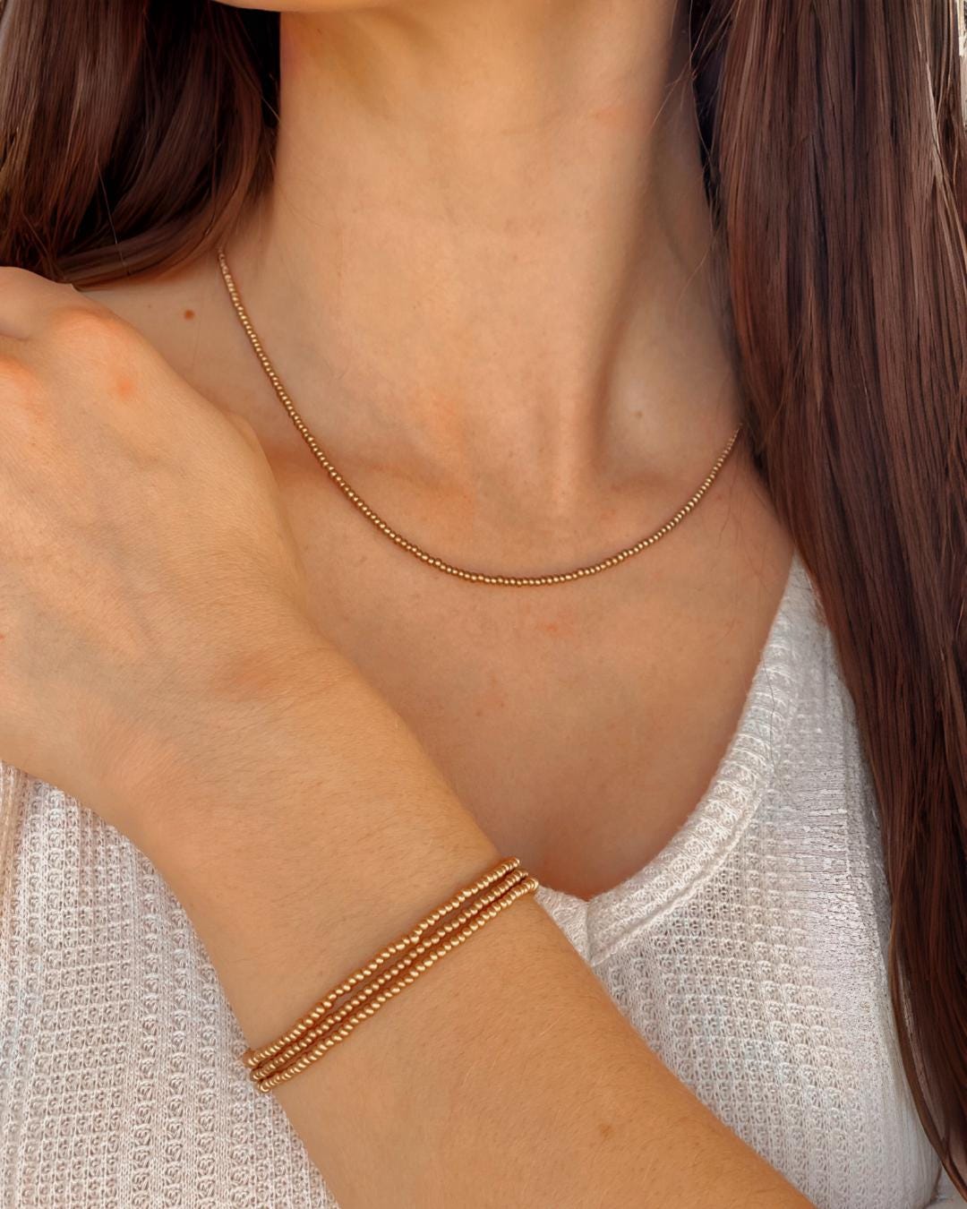 Dainty Gold Beaded Necklace and Bracelet Set Minimalist Bead Jewelry Set Gift Idea for Mom Simple Gold Choker Short Necklace Everyday Wear