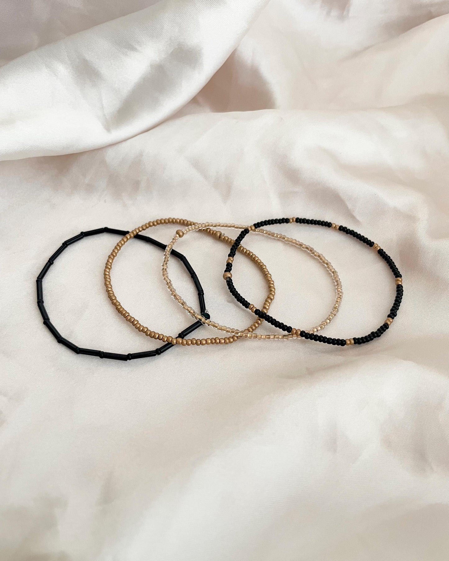 Black and Gold Bracelet Stack Stretchy Dainty Black Bead Bracelet Tiny Seed Bead Bracelet Gift for Sister Elegant Jewelry Modern Classic Set