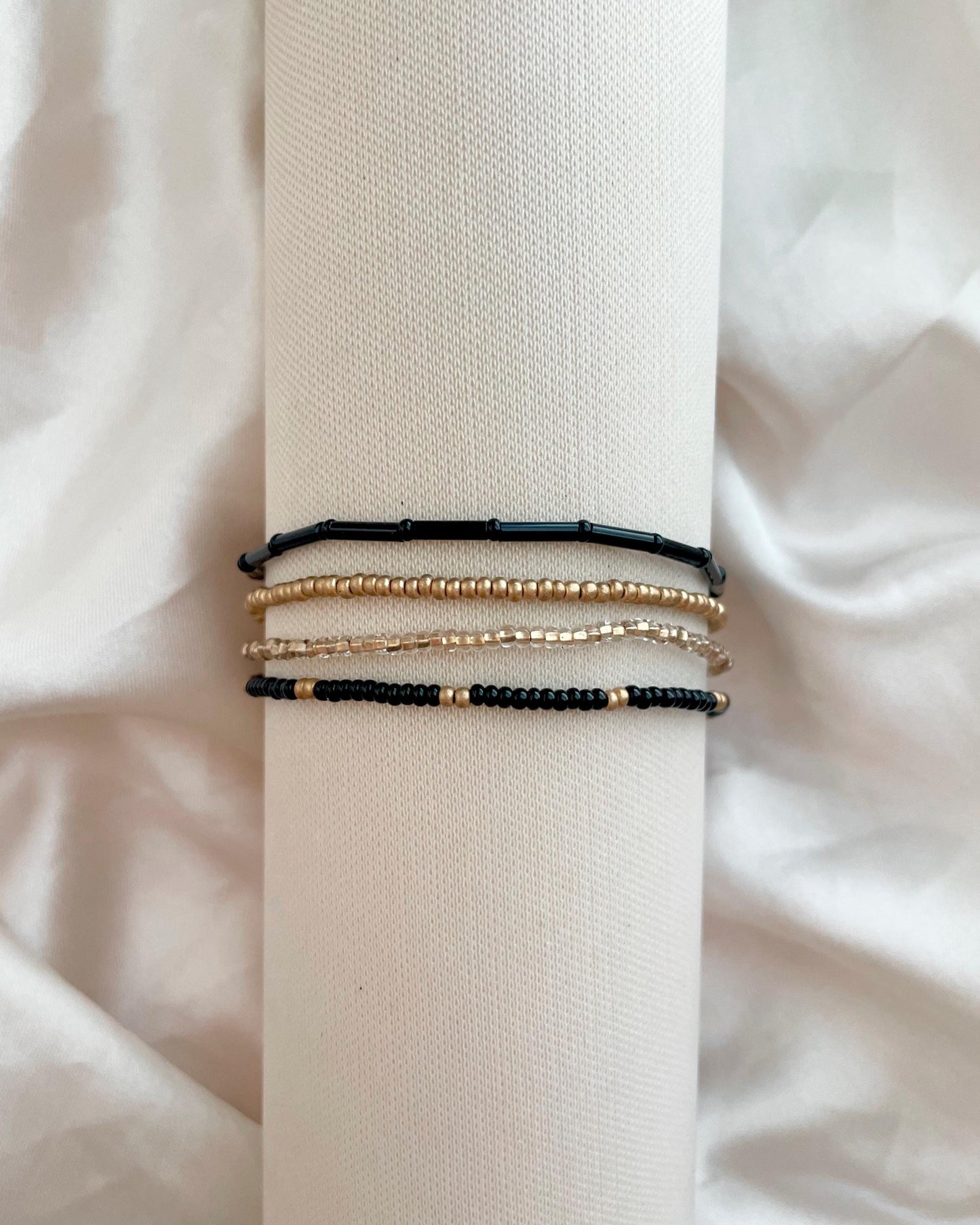 Black and Gold Bracelet Stack Stretchy Dainty Black Bead Bracelet Tiny Seed Bead Bracelet Gift for Sister Elegant Jewelry Modern Classic Set
