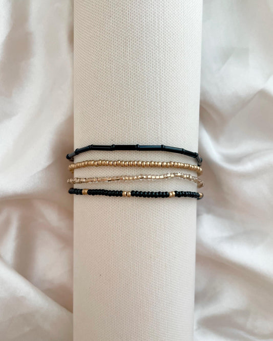 Black and Gold Bracelet Stack Stretchy Dainty Black Bead Bracelet Tiny Seed Bead Bracelet Gift for Sister Elegant Jewelry Modern Classic Set