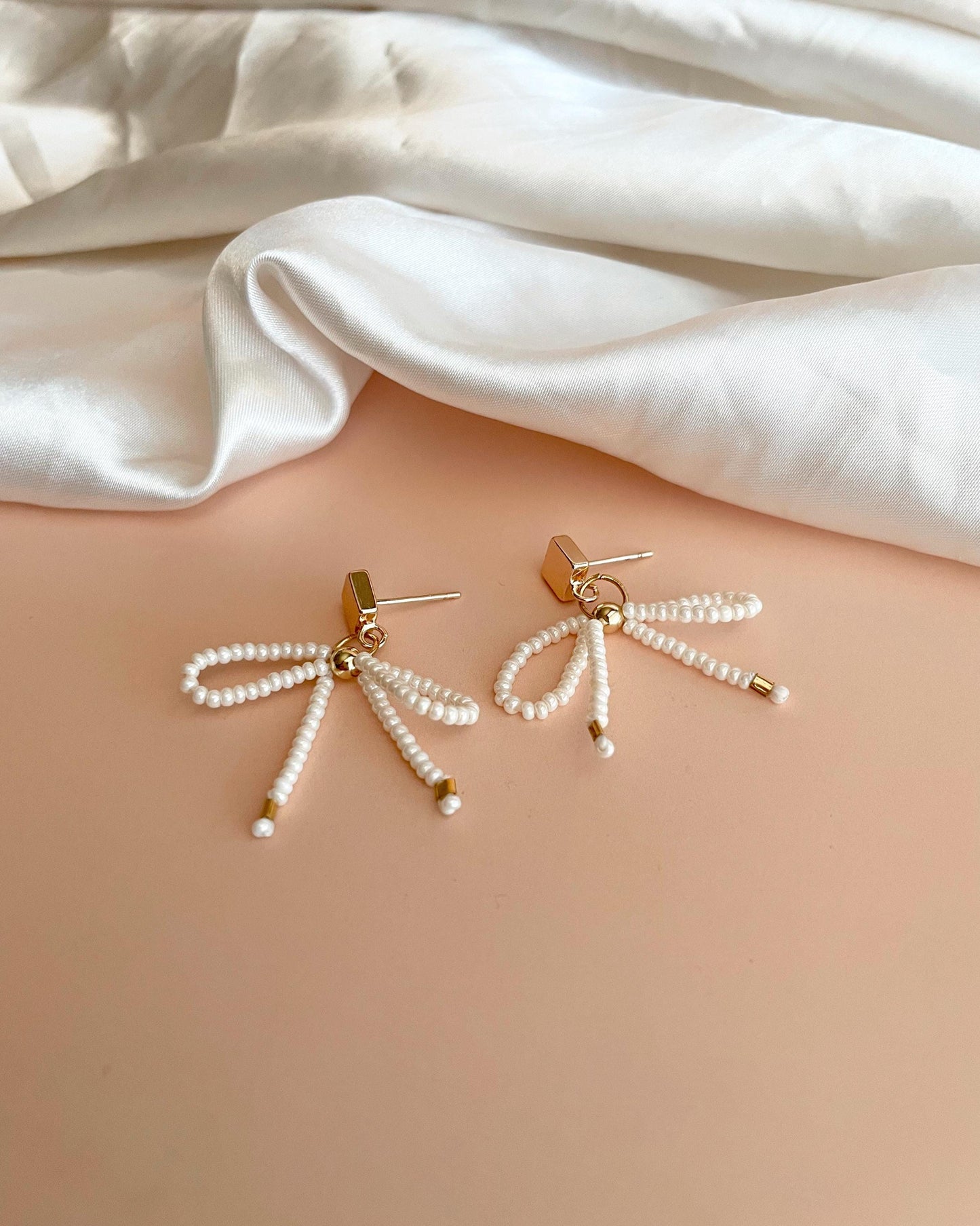 Beaded Bow Earrings 18k Gold Filled Dangle Earrings Minimalist Jewelry Christmas Gift Idea for Daughter Dangle Bow Earrings Tiny Pearl