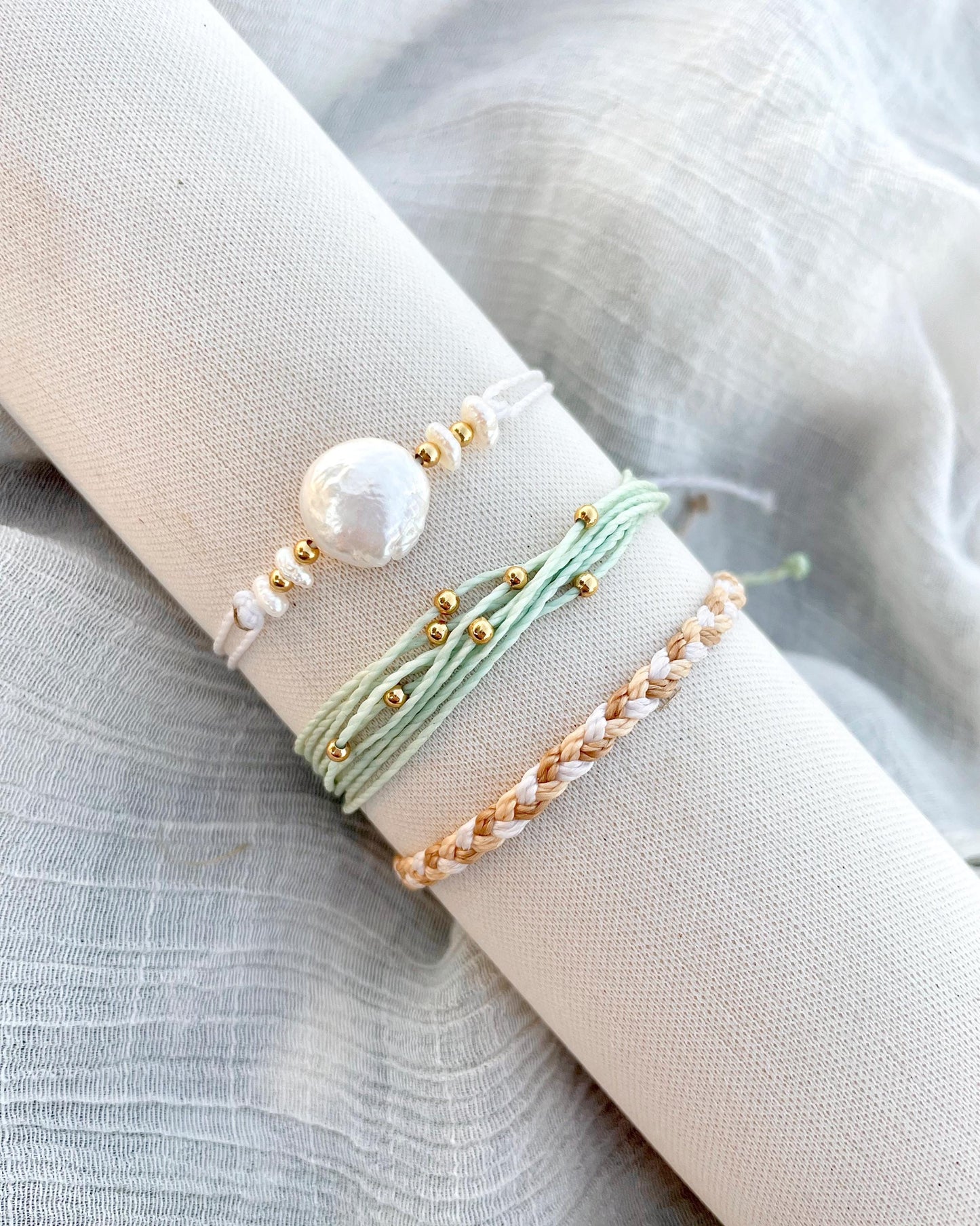 Freshwater Pearl Adjustable Cord Bracelet Set Dainty Jewelry Beach Lover Gift Idea for Friend Bracelet Stack Beachy Boho Jewelry for Travel