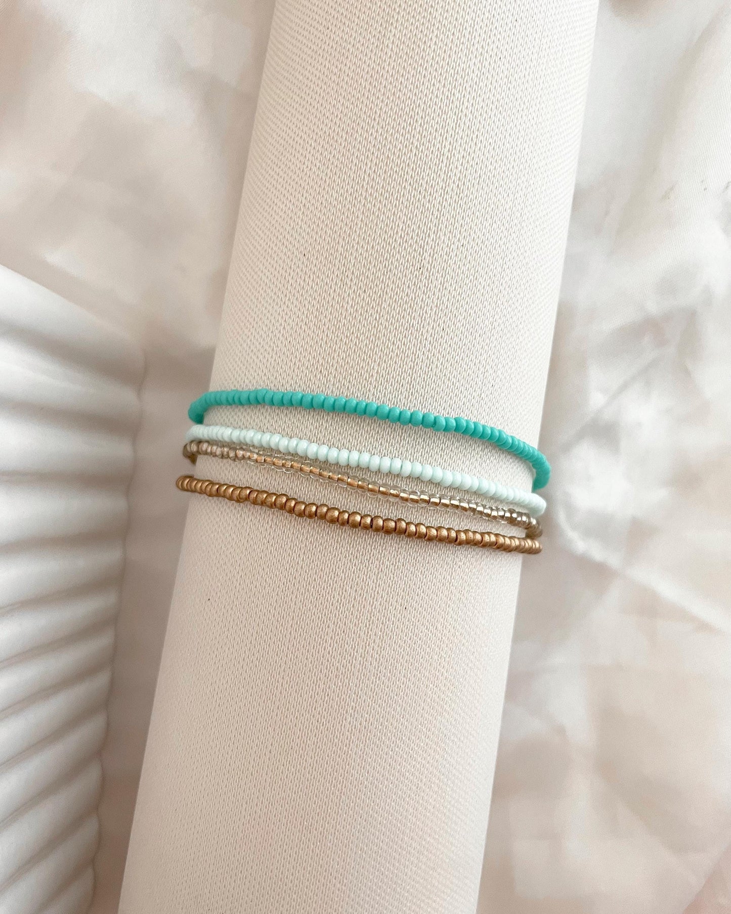 Blue Seed Bead Bracelet Stretch Bracelet Set Tiny Bead Bracelet Coastal Jewelry Gift Idea for Ocean Lover Gold and Aqua Bracelet Stack Beach