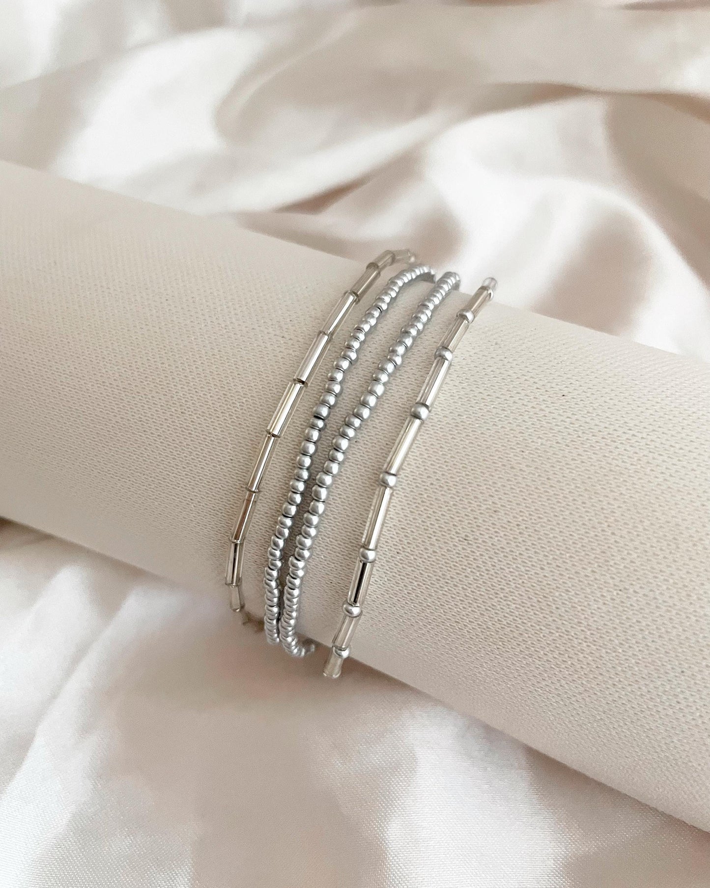 Silver Stretch Bracelet Stack Beaded Elastic Modern Silver Bracelet Layered Classic Bracelet Set Simple Wedding Party Jewelry Silver Thin