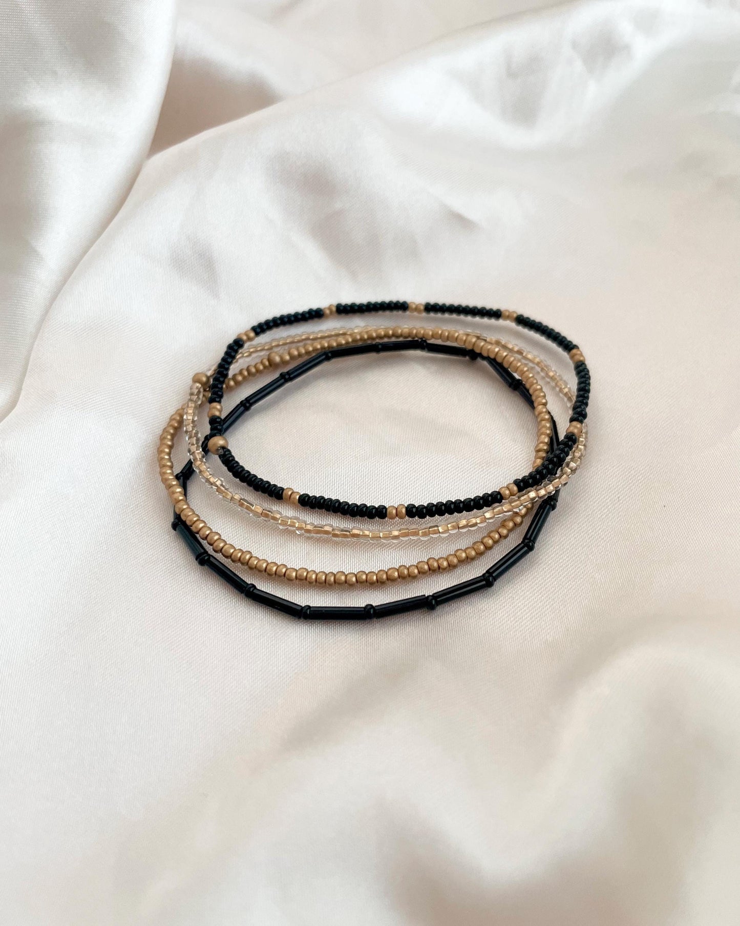 Black and Gold Bracelet Stack Stretchy Dainty Black Bead Bracelet Tiny Seed Bead Bracelet Gift for Sister Elegant Jewelry Modern Classic Set