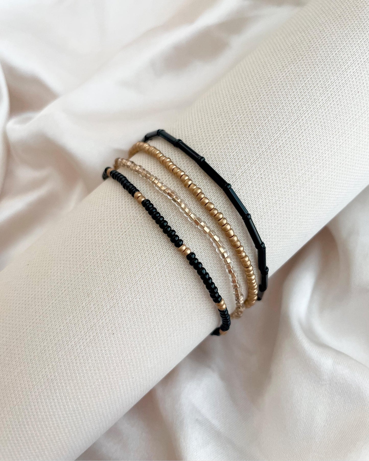 Black and Gold Bracelet Stack Stretchy Dainty Black Bead Bracelet Tiny Seed Bead Bracelet Gift for Sister Elegant Jewelry Modern Classic Set