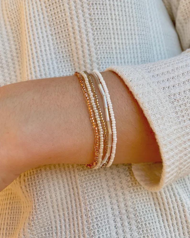 Neutral Dainty Beaded Bracelet Stack Minimalist Style Beaded Stretch Bracelet Set Everyday Wear Stacking Jewelry