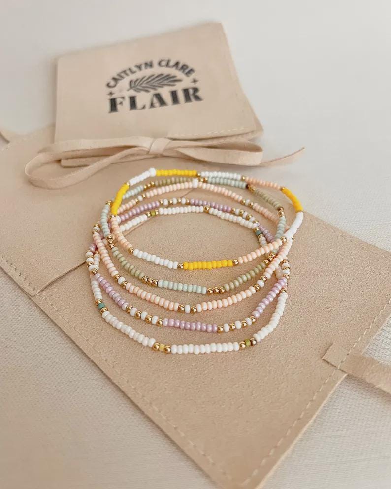 Pastel Bracelet Set 18k Gold Filled Tiny Seed Bead Bracelet Stackable Trendy Stretch Bracelet Dainty Jewelry Granddaughter Gift Bracelet