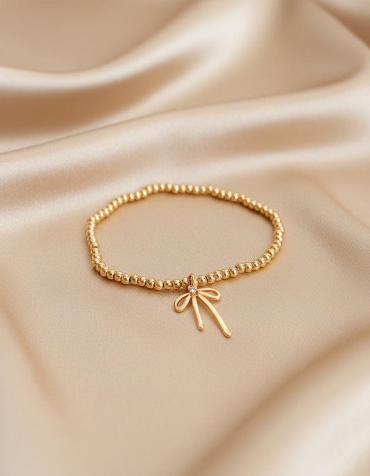 Bow Charm Dangle Bracelet Gold Bead Bracelet with Charm 18k Gold Filled Dainty Jewelry Gift for Wife Birthday Trendy Stretch Bracelet Modern