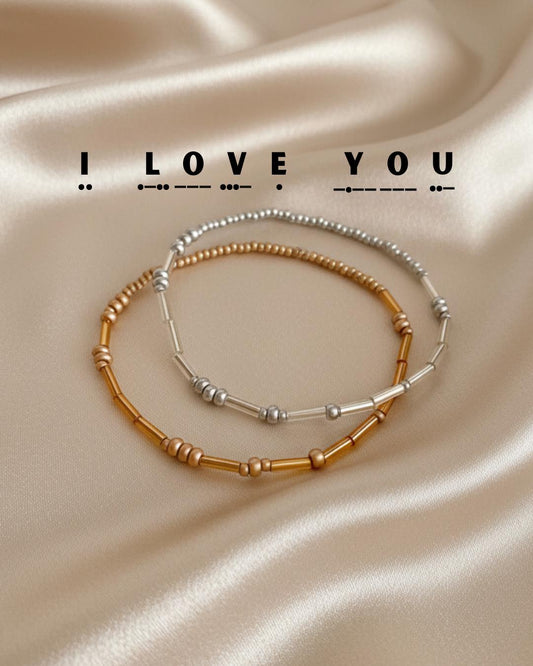 Morse Code Matching Gold Bracelet I Love You in Morse Elastic Bracelet Set Silver Valentines Gift For Him Matching Jewelry for Couple Custom