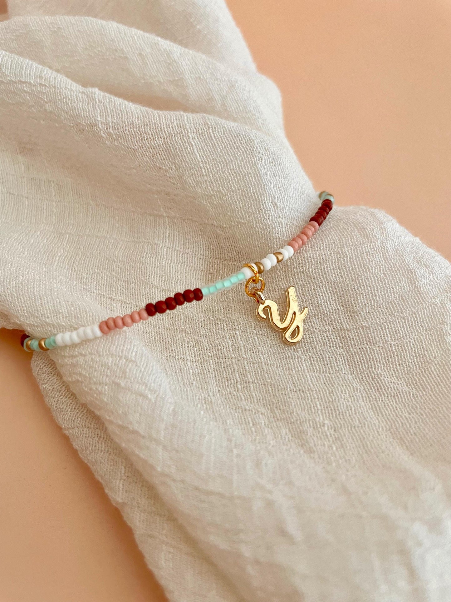 Custom Initial Bracelet Valentines Gift for Her Personalized Beaded Bracelet Galentines Day Gift Red and Pink Bead Stretch Bracelet Dainty