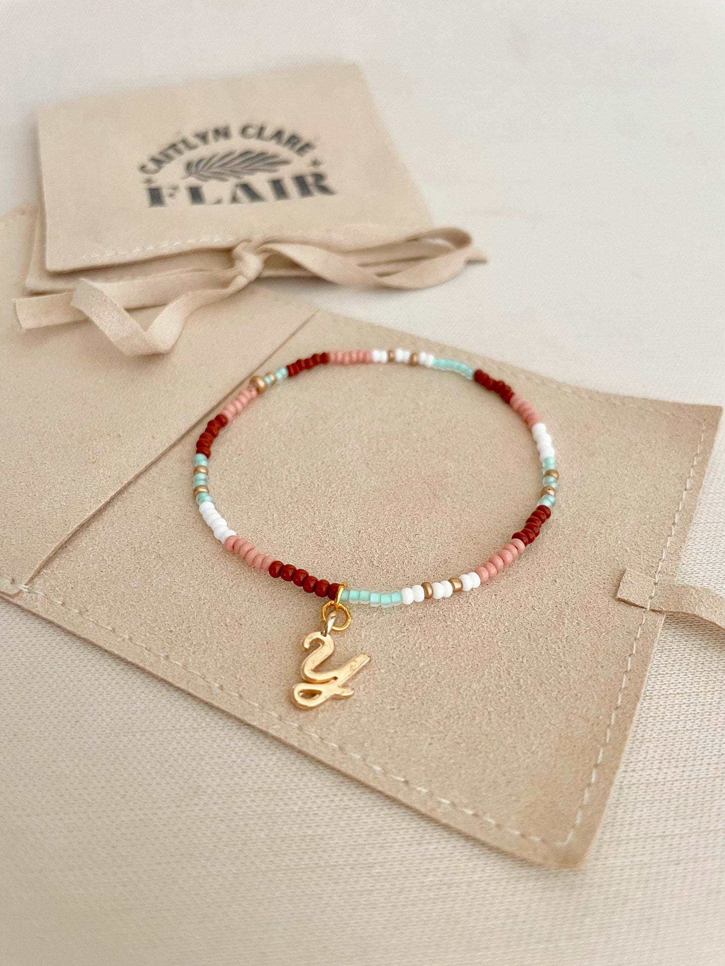 Custom Initial Bracelet Valentines Gift for Her Personalized Beaded Bracelet Galentines Day Gift Red and Pink Bead Stretch Bracelet Dainty