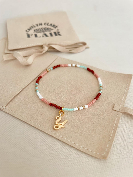 Custom Initial Bracelet Valentines Gift for Her Personalized Beaded Bracelet Galentines Day Gift Red and Pink Bead Stretch Bracelet Dainty