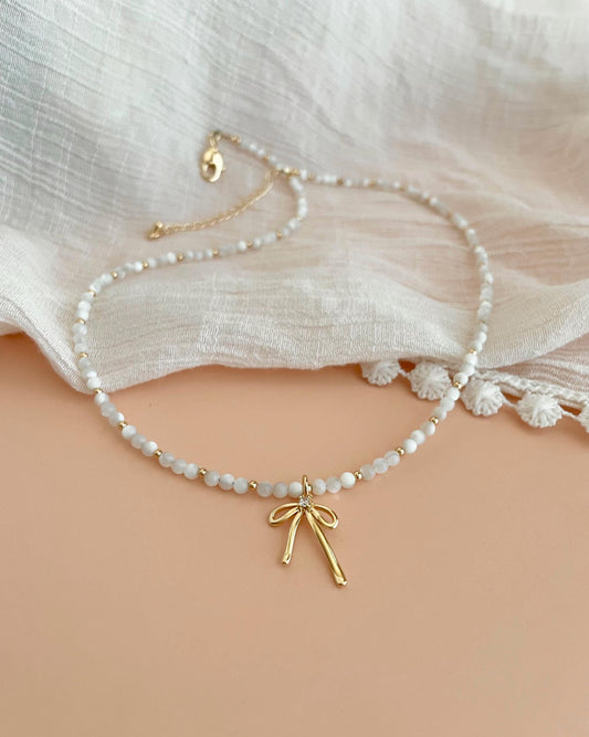 Gold Bow Necklace Non Tarnish 18k Gold Filled Necklace Beaded Mother of Pearl Jewelry Gift for Mom Minimalist Elegant Stone Necklace Dainty