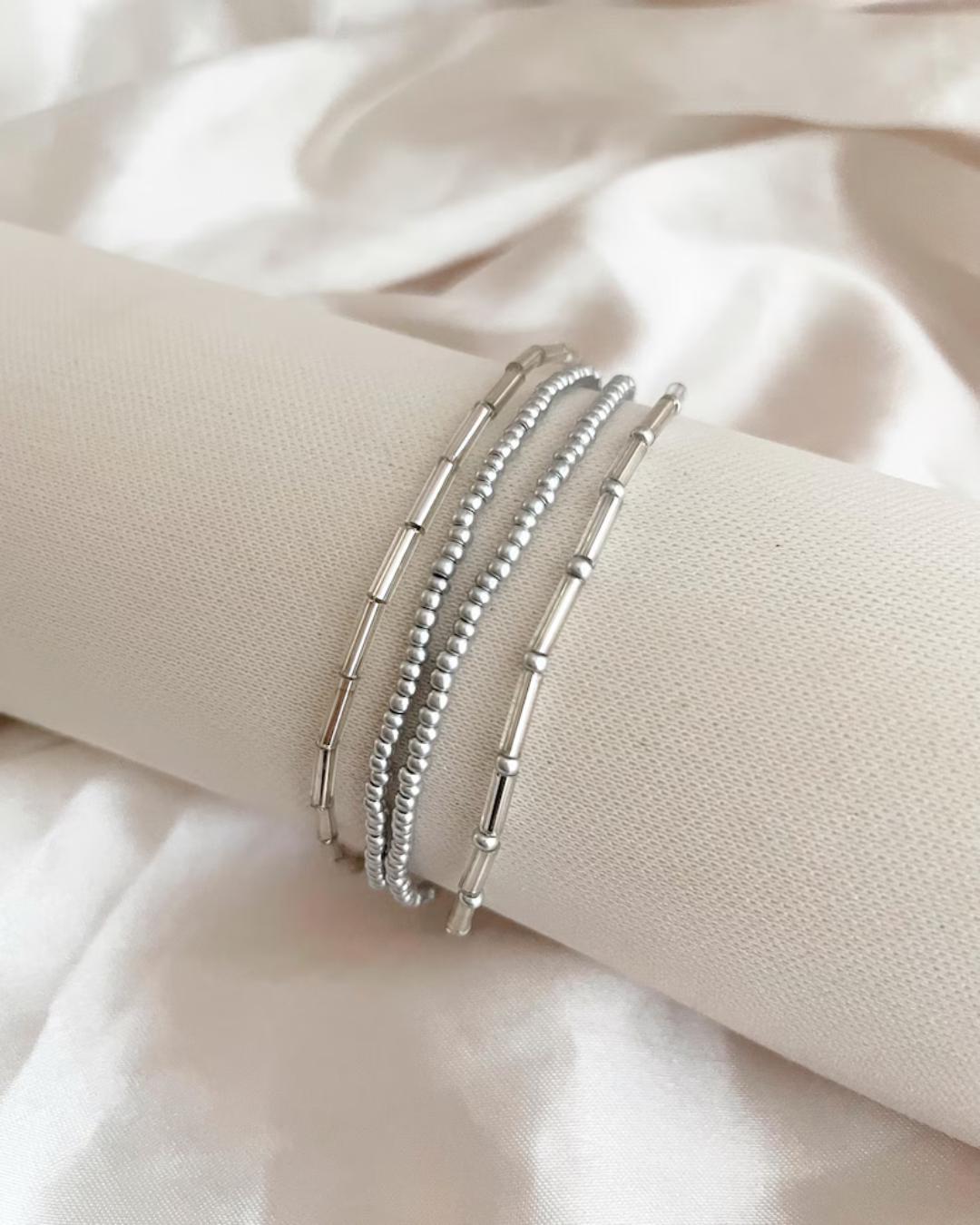 Bridesmaid Silver Bracelet Set Bridesmaid Personalized Gift Custom Initial Jewelry for Wedding Party Bachelorette Gift Bead Stretch Bracelet