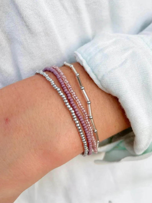 Purple Beaded Stretch Bracelet Set Purple Bracelet Elastic Dainty Jewelry for Work Accessories Tiny Seed Bead Stacking Bracelet Silver Stack