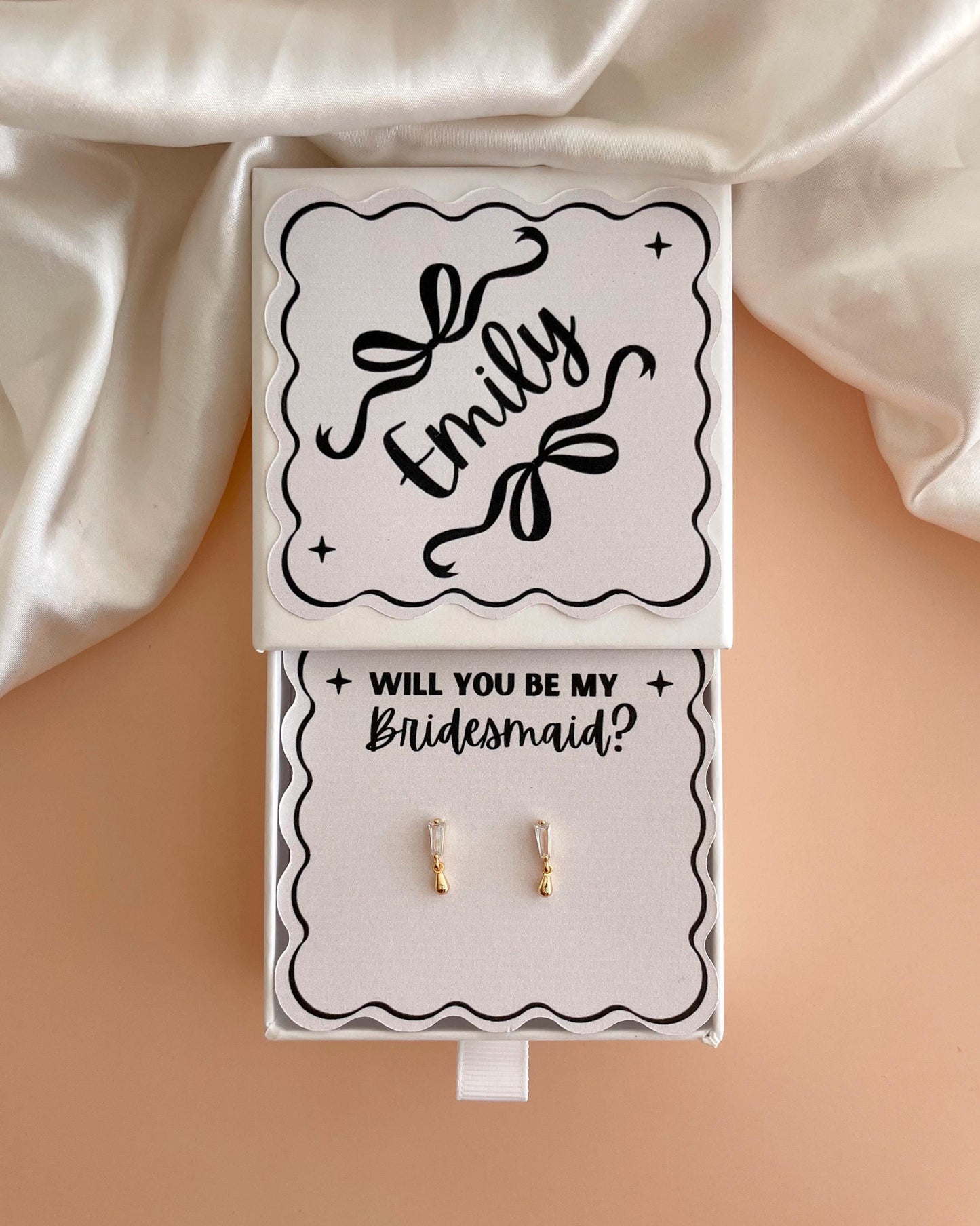 Personalized Bridesmaid Gift Box Jewelry Bridesmaid Proposal Earrings Elegant Gift for Bridesmaid 18k Gold Earrings Custom Name Favor Bulk
